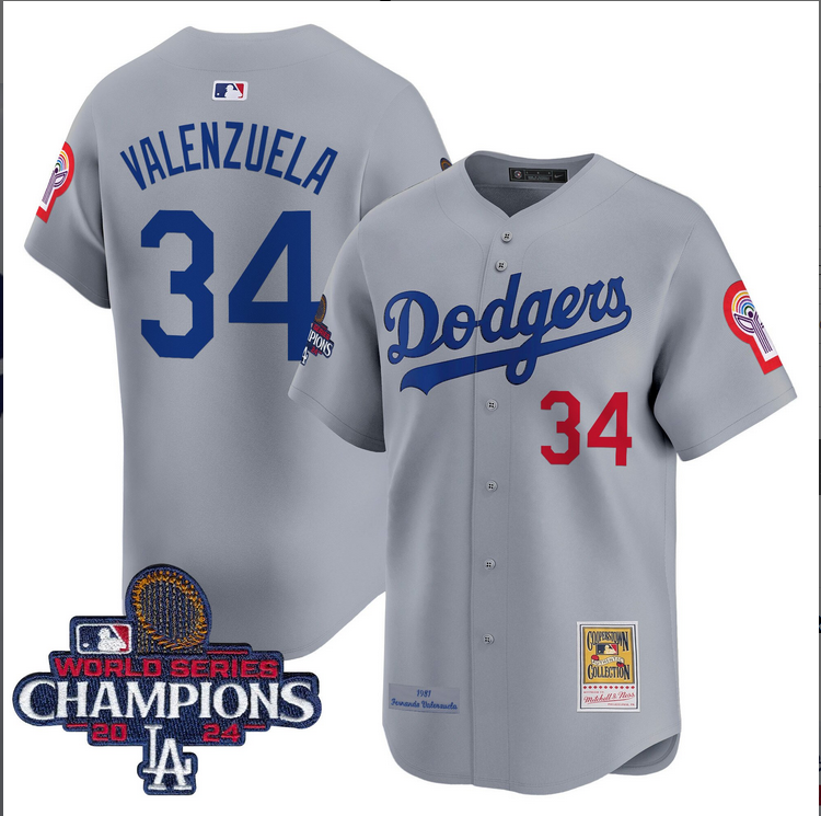 Men MLB Los Angeles Dodgers #34 Valenzuela grey 2024 World Series Champions Patch Cooperstown Jersey->los angeles dodgers->MLB Jersey